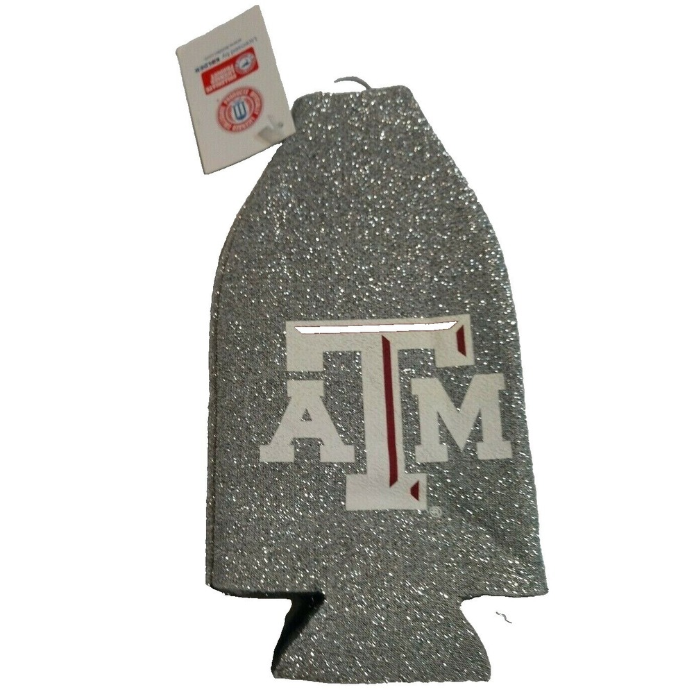 Texas A&M Aggies Bottle Coolie Silver Glitter Zipper Insulated Sleeve NCAA NEW